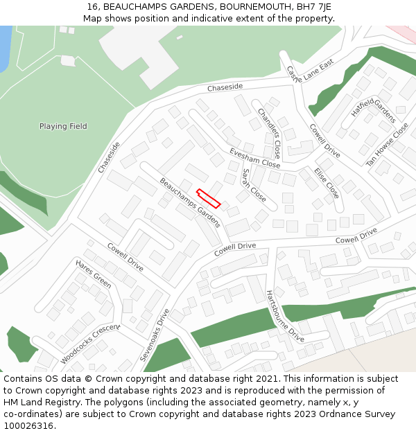 16, BEAUCHAMPS GARDENS, BOURNEMOUTH, BH7 7JE: Location map and indicative extent of plot