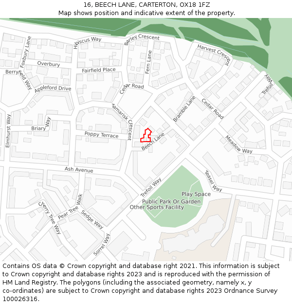 16, BEECH LANE, CARTERTON, OX18 1FZ: Location map and indicative extent of plot