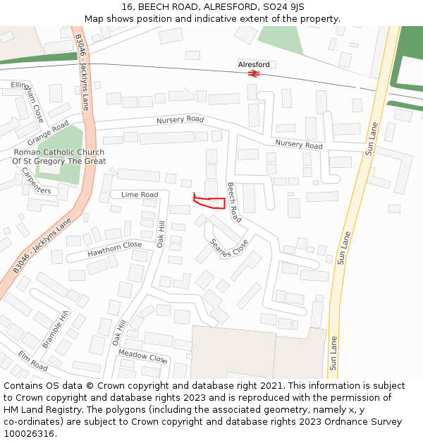 16, BEECH ROAD, ALRESFORD, SO24 9JS: Location map and indicative extent of plot