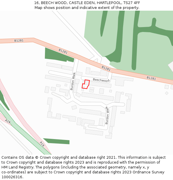 16, BEECH WOOD, CASTLE EDEN, HARTLEPOOL, TS27 4FF: Location map and indicative extent of plot