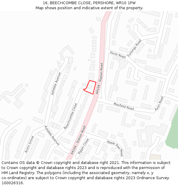 16, BEECHCOMBE CLOSE, PERSHORE, WR10 1PW: Location map and indicative extent of plot