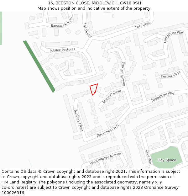 16, BEESTON CLOSE, MIDDLEWICH, CW10 0SH: Location map and indicative extent of plot