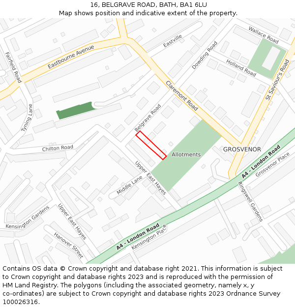 16, BELGRAVE ROAD, BATH, BA1 6LU: Location map and indicative extent of plot