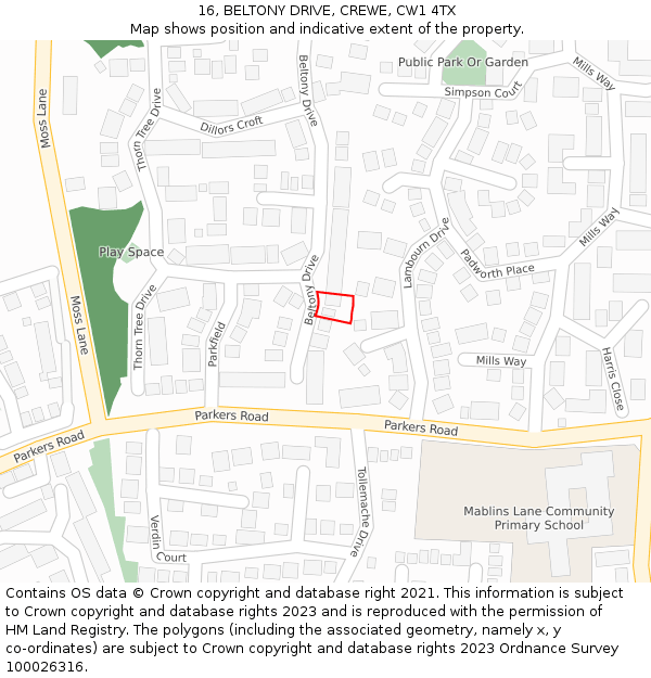 16, BELTONY DRIVE, CREWE, CW1 4TX: Location map and indicative extent of plot