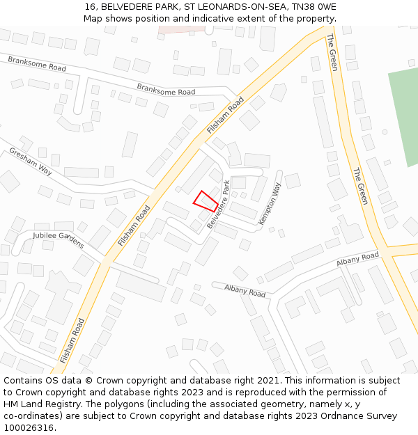 16, BELVEDERE PARK, ST LEONARDS-ON-SEA, TN38 0WE: Location map and indicative extent of plot