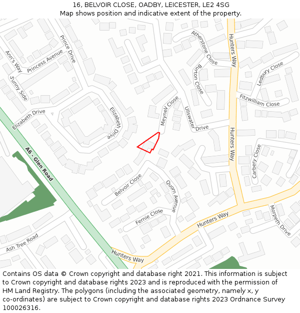 16, BELVOIR CLOSE, OADBY, LEICESTER, LE2 4SG: Location map and indicative extent of plot