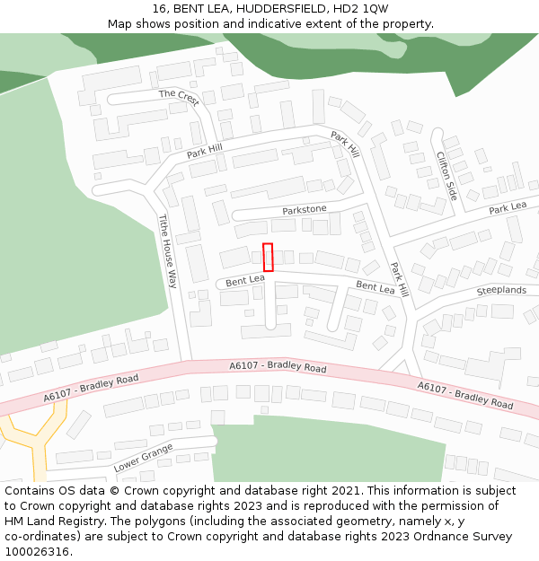 16, BENT LEA, HUDDERSFIELD, HD2 1QW: Location map and indicative extent of plot