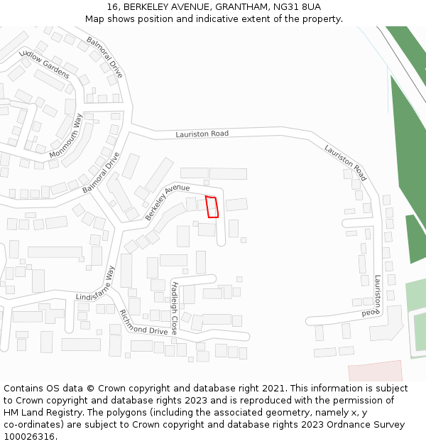 16, BERKELEY AVENUE, GRANTHAM, NG31 8UA: Location map and indicative extent of plot