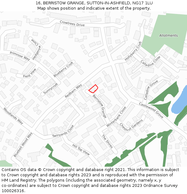 16, BERRISTOW GRANGE, SUTTON-IN-ASHFIELD, NG17 1LU: Location map and indicative extent of plot