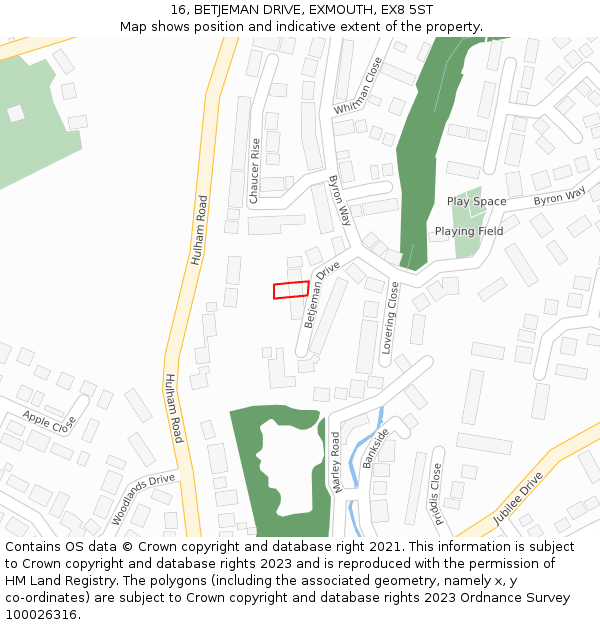 16, BETJEMAN DRIVE, EXMOUTH, EX8 5ST: Location map and indicative extent of plot