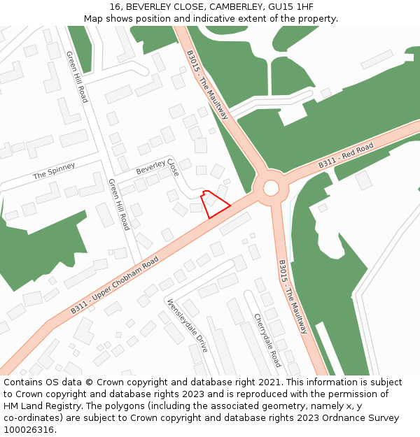 16, BEVERLEY CLOSE, CAMBERLEY, GU15 1HF: Location map and indicative extent of plot