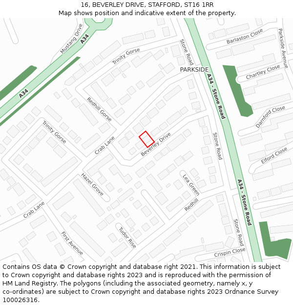 16, BEVERLEY DRIVE, STAFFORD, ST16 1RR: Location map and indicative extent of plot