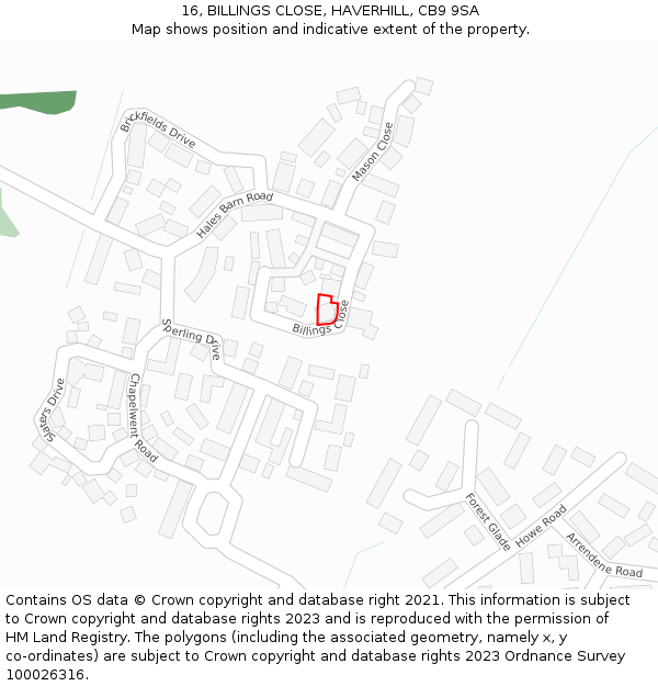 16, BILLINGS CLOSE, HAVERHILL, CB9 9SA: Location map and indicative extent of plot