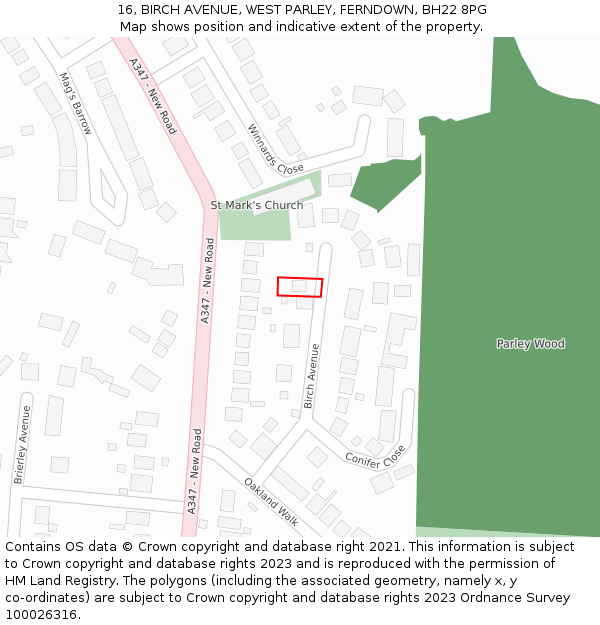 16, BIRCH AVENUE, WEST PARLEY, FERNDOWN, BH22 8PG: Location map and indicative extent of plot