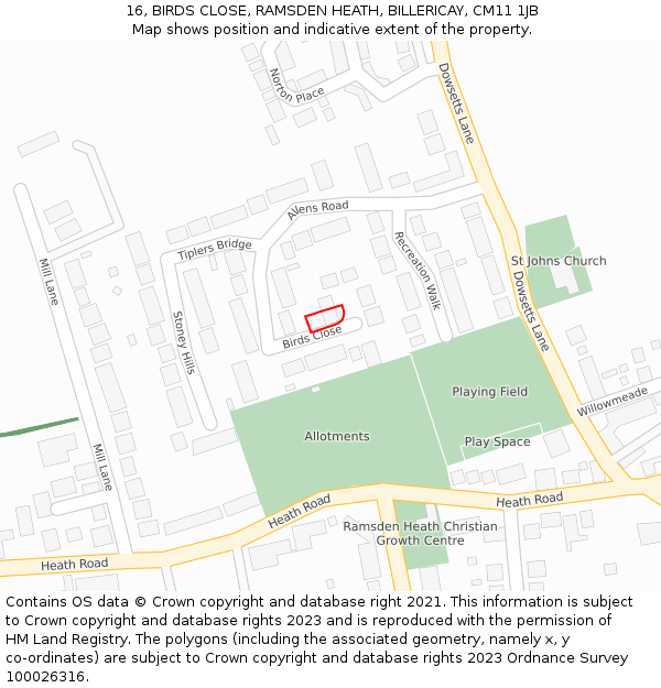 16, BIRDS CLOSE, RAMSDEN HEATH, BILLERICAY, CM11 1JB: Location map and indicative extent of plot