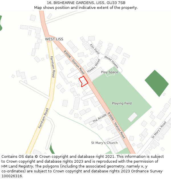 16, BISHEARNE GARDENS, LISS, GU33 7SB: Location map and indicative extent of plot