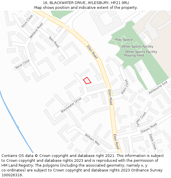 16, BLACKWATER DRIVE, AYLESBURY, HP21 9RU: Location map and indicative extent of plot