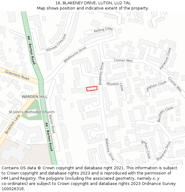 16, BLAKENEY DRIVE, LUTON, LU2 7AL: Location map and indicative extent of plot