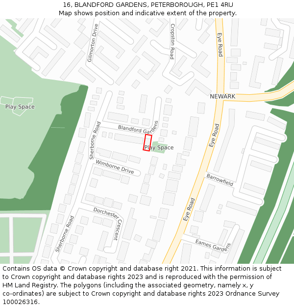 16, BLANDFORD GARDENS, PETERBOROUGH, PE1 4RU: Location map and indicative extent of plot