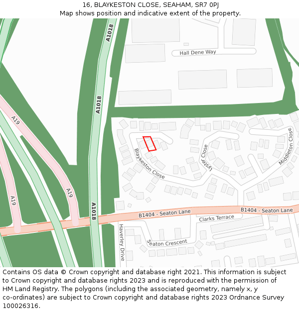 16, BLAYKESTON CLOSE, SEAHAM, SR7 0PJ: Location map and indicative extent of plot