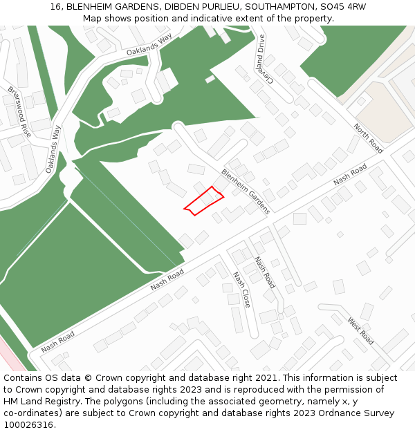 16, BLENHEIM GARDENS, DIBDEN PURLIEU, SOUTHAMPTON, SO45 4RW: Location map and indicative extent of plot