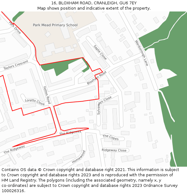 16, BLOXHAM ROAD, CRANLEIGH, GU6 7EY: Location map and indicative extent of plot