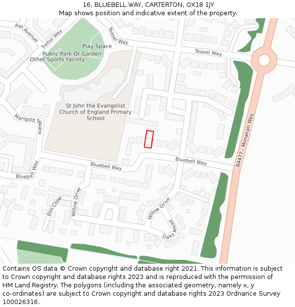 16, BLUEBELL WAY, CARTERTON, OX18 1JY: Location map and indicative extent of plot