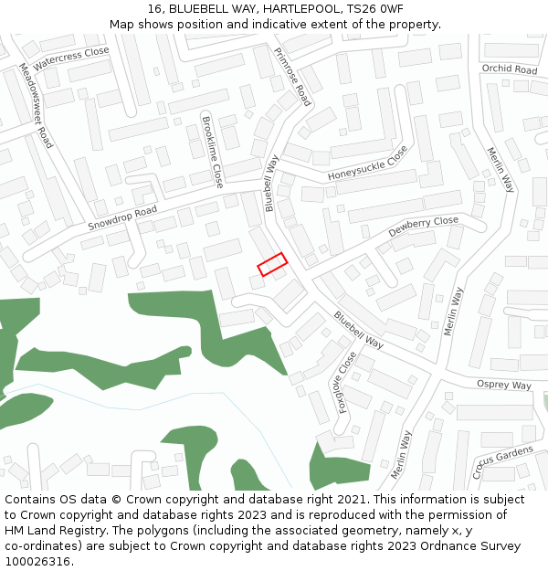 16, BLUEBELL WAY, HARTLEPOOL, TS26 0WF: Location map and indicative extent of plot