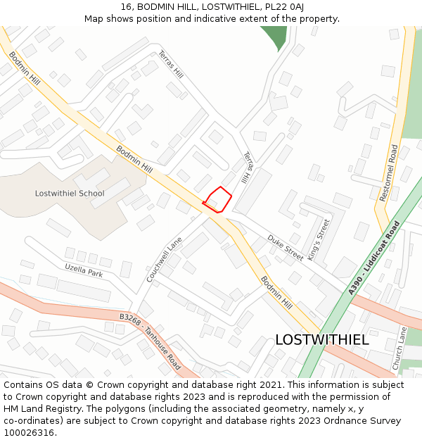 16, BODMIN HILL, LOSTWITHIEL, PL22 0AJ: Location map and indicative extent of plot