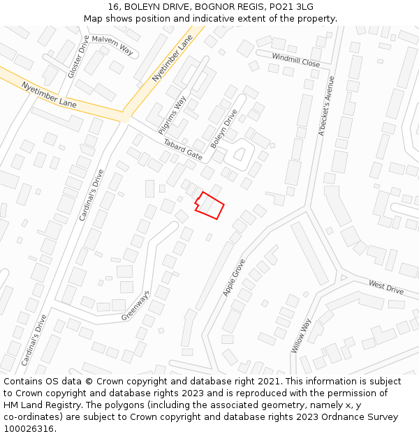 16, BOLEYN DRIVE, BOGNOR REGIS, PO21 3LG: Location map and indicative extent of plot