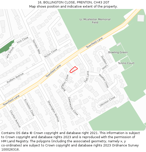 16, BOLLINGTON CLOSE, PRENTON, CH43 2GT: Location map and indicative extent of plot