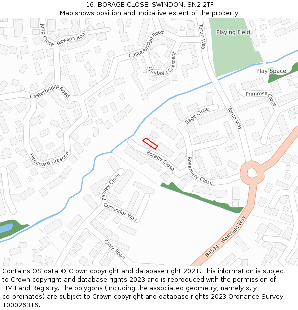 16, BORAGE CLOSE, SWINDON, SN2 2TF: Location map and indicative extent of plot