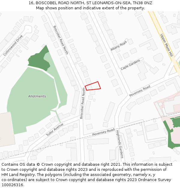 16, BOSCOBEL ROAD NORTH, ST LEONARDS-ON-SEA, TN38 0NZ: Location map and indicative extent of plot