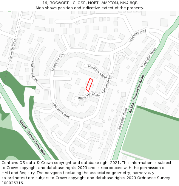 16, BOSWORTH CLOSE, NORTHAMPTON, NN4 8QR: Location map and indicative extent of plot