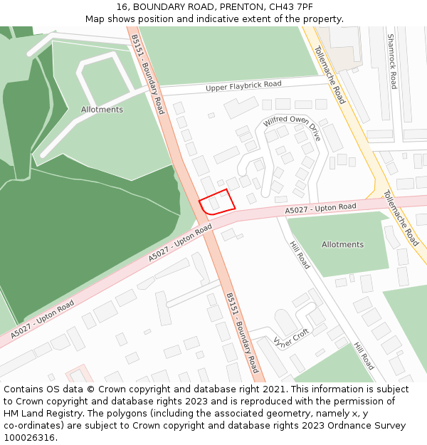 16, BOUNDARY ROAD, PRENTON, CH43 7PF: Location map and indicative extent of plot