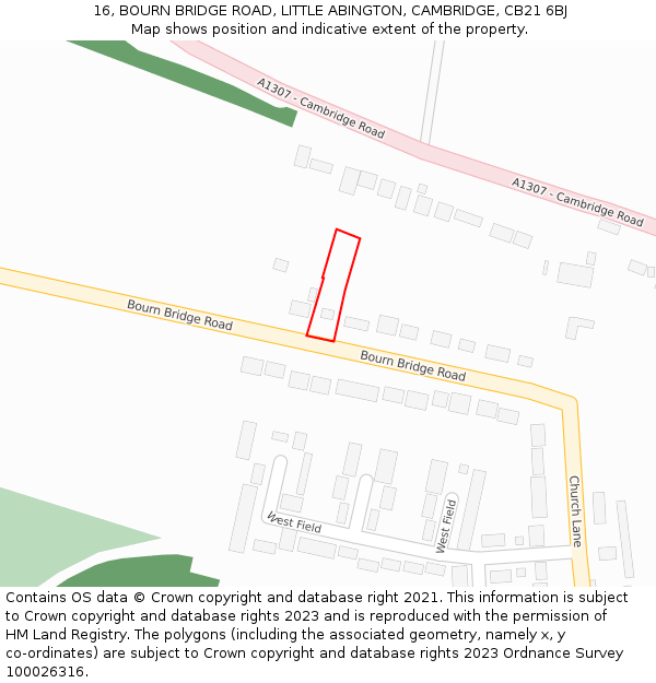16, BOURN BRIDGE ROAD, LITTLE ABINGTON, CAMBRIDGE, CB21 6BJ: Location map and indicative extent of plot