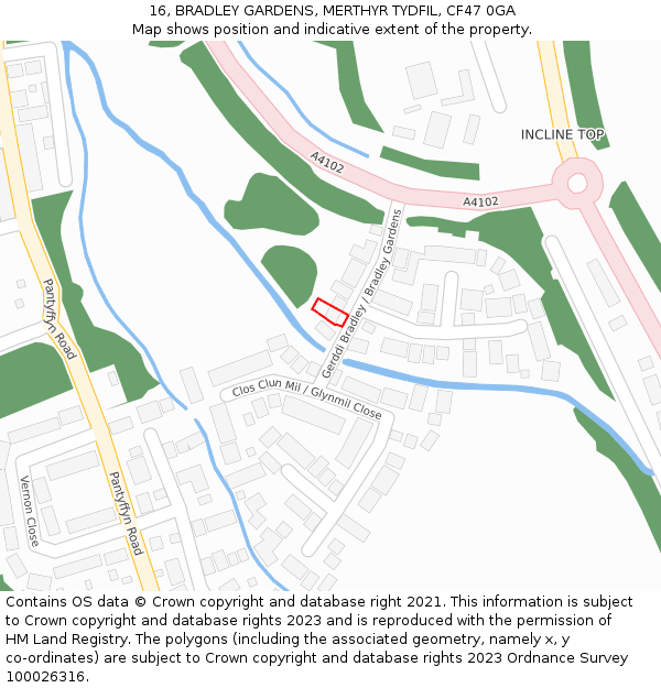 16, BRADLEY GARDENS, MERTHYR TYDFIL, CF47 0GA: Location map and indicative extent of plot