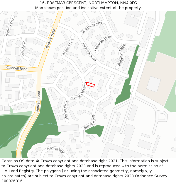 16, BRAEMAR CRESCENT, NORTHAMPTON, NN4 0FG: Location map and indicative extent of plot