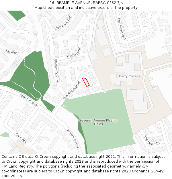 16, BRAMBLE AVENUE, BARRY, CF62 7JN: Location map and indicative extent of plot