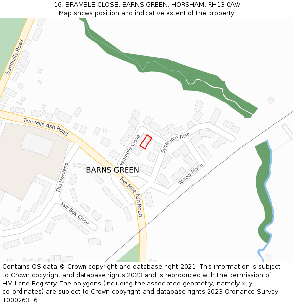16, BRAMBLE CLOSE, BARNS GREEN, HORSHAM, RH13 0AW: Location map and indicative extent of plot