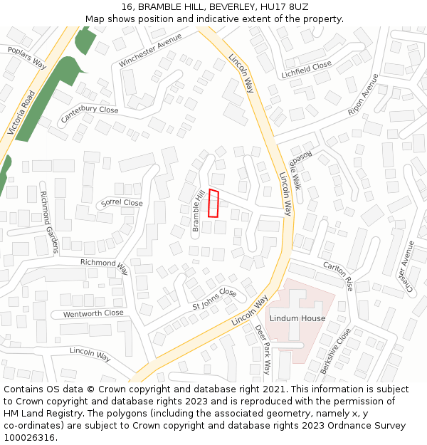 16, BRAMBLE HILL, BEVERLEY, HU17 8UZ: Location map and indicative extent of plot