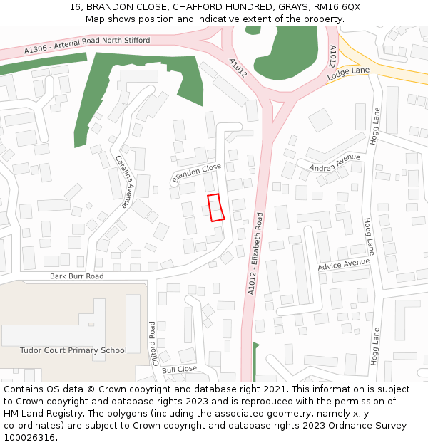 16, BRANDON CLOSE, CHAFFORD HUNDRED, GRAYS, RM16 6QX: Location map and indicative extent of plot