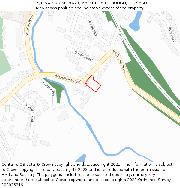 16, BRAYBROOKE ROAD, MARKET HARBOROUGH, LE16 8AD: Location map and indicative extent of plot