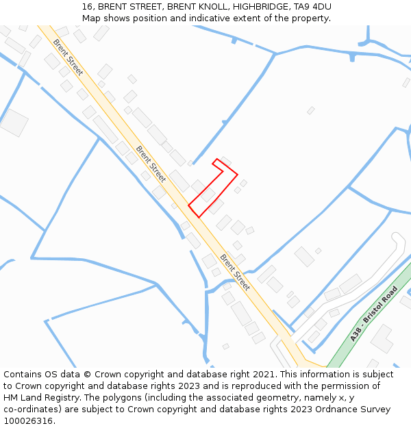 16, BRENT STREET, BRENT KNOLL, HIGHBRIDGE, TA9 4DU: Location map and indicative extent of plot