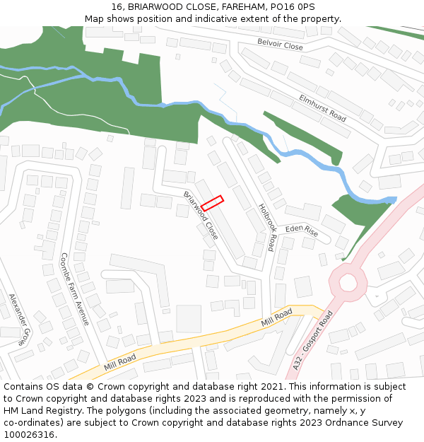 16, BRIARWOOD CLOSE, FAREHAM, PO16 0PS: Location map and indicative extent of plot