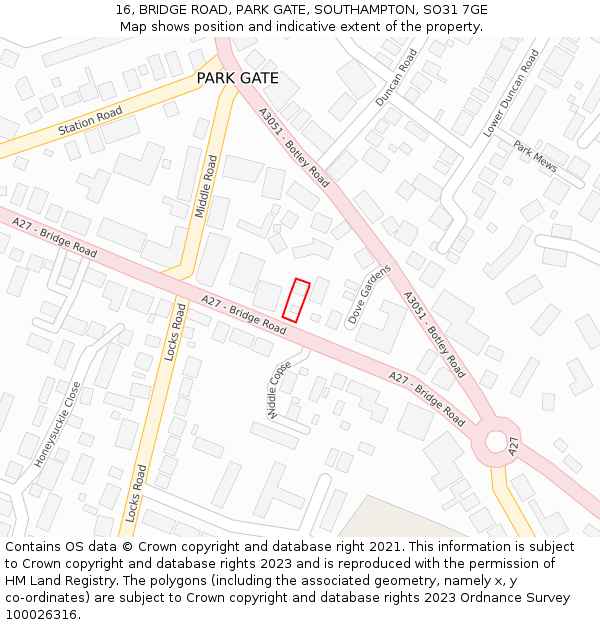 16, BRIDGE ROAD, PARK GATE, SOUTHAMPTON, SO31 7GE: Location map and indicative extent of plot