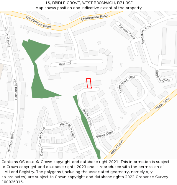 16, BRIDLE GROVE, WEST BROMWICH, B71 3SF: Location map and indicative extent of plot