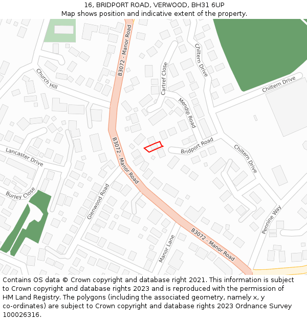 16, BRIDPORT ROAD, VERWOOD, BH31 6UP: Location map and indicative extent of plot