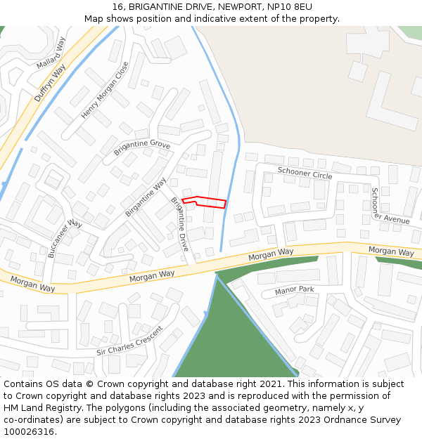 16, BRIGANTINE DRIVE, NEWPORT, NP10 8EU: Location map and indicative extent of plot