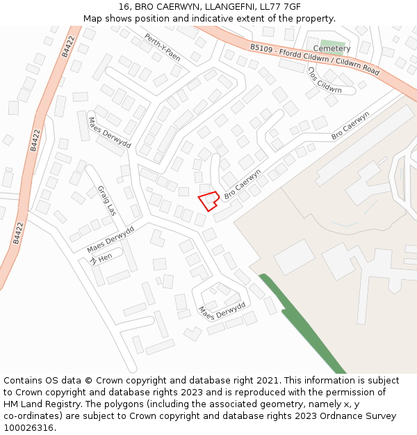 16, BRO CAERWYN, LLANGEFNI, LL77 7GF: Location map and indicative extent of plot